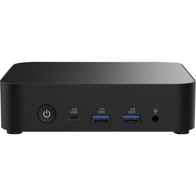 Compacte zwarte dockingstation met aan/uit-schakelaar, één USB-C-poort, twee USB 3.0-poorten en een koptelefoonaansluiting aan de voorkant.