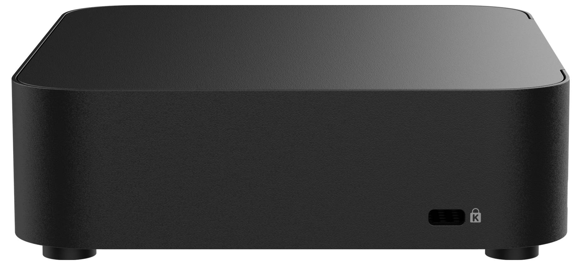 Een zwarte, rechthoekige technische doos, waarschijnlijk een elektronisch apparaat, met een slot-symbool aan de voorkant.