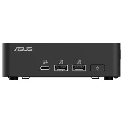 Compacte zwarte ASUS Mini-PC met drie USB-poorten en een netschakelaar aan de voorkant. Ideaal voor ruimtebesparende opstellingen.