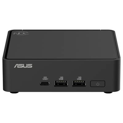 Kleine, zwarte mini-pc met ASUS-logo. Voorkant toont een USB-C-poort, twee USB-A-poorten en een aan/uit-knop.