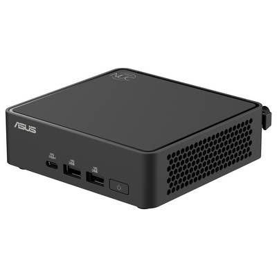 Compacte zwarte mini-pc met twee USB-poorten aan de voorkant en ventilatiesleuven aan de zijkant.