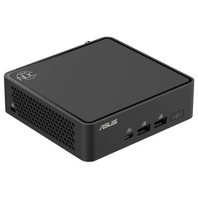 Een compacte zwarte mini-pc met aansluitingen aan de voorkant. Het logo en de naam van de fabrikant zijn zichtbaar.