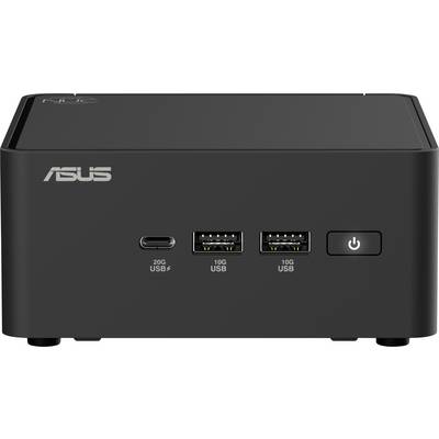 Zwarte mini-pc-behuizing met het 'ASUS'-logo aan de voorkant. Drie USB-poorten en een aan/uit-knop zijn zichtbaar.