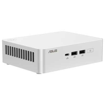 Een witte mini-pc van Asus met twee USB-poorten en een netschakelaar aan de voorkant.