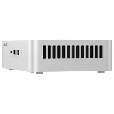 Zilveren mini-pc met verluchtingssleuven aan de zijkant en meerdere aansluitingen aan de voorkant. Logo linksboven op de voorzijde.