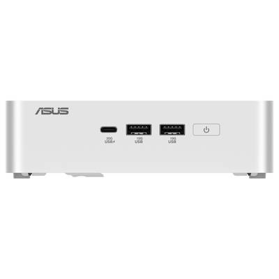 Een compacte zilveren ASUS computer met twee USB-3.0-poorten, een USB-C-poort en een aan/uit-schakelaar aan de voorkant.