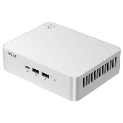 Een witte mini-pc met Asus-logo, drie USB-poorten aan de voorkant en een aan/uit-schakelaar. Compact ontwerp, geschikt voor ruimtebesparende toepassingen.