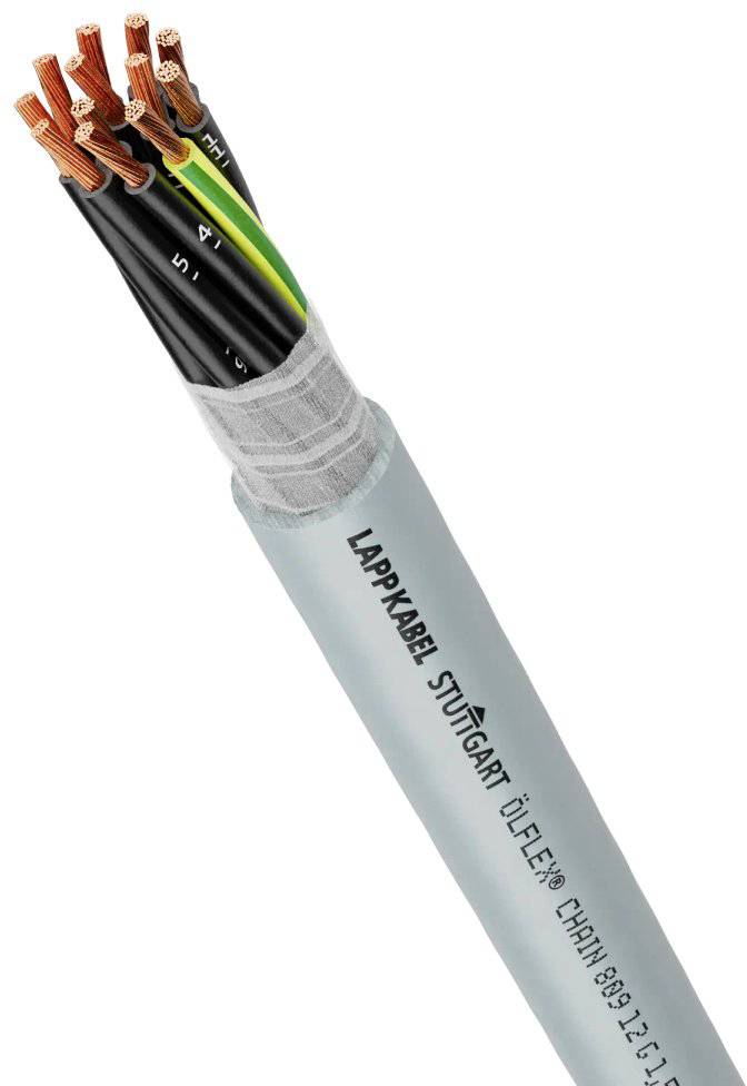 Een meeraderig kabel met blootliggende koperdraden en isolatie. Opdruk: 'LAPPKABEL STUTTGART ÖLFLEX CHAIN 699123'.