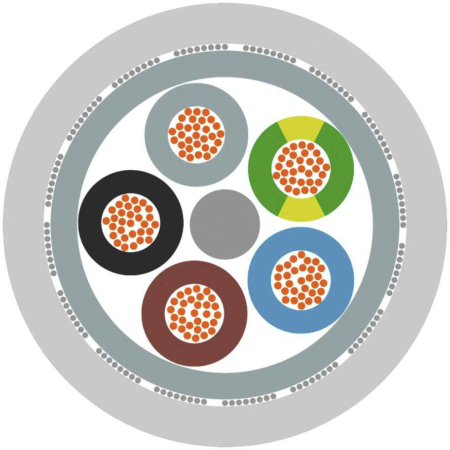 Doorsnede van een meeraderig kabel met verschillende geïsoleerde geleiders in verschillende kleuren, omgeven door een grijze mantel.