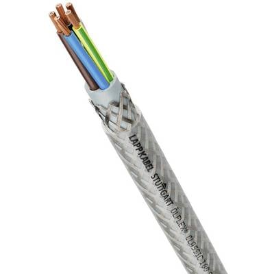 Afbeelding van een grijs, gevlochten kabel met meerdere gekleurde draden aan een uiteinde. Merknaam 'Lappkabel' en opdruk op het oppervlak.