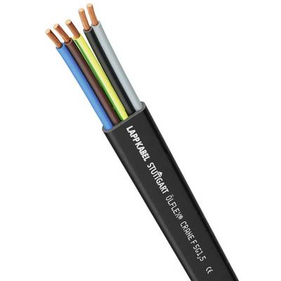 Een profielafbeelding van een meeraderige kabel met zichtbare koperen draden. De kabel is van 'LAPP KABEL' uit Stuttgart en draagt de opdruk 'ÖLFLEX® CRANE F5 1.5'.