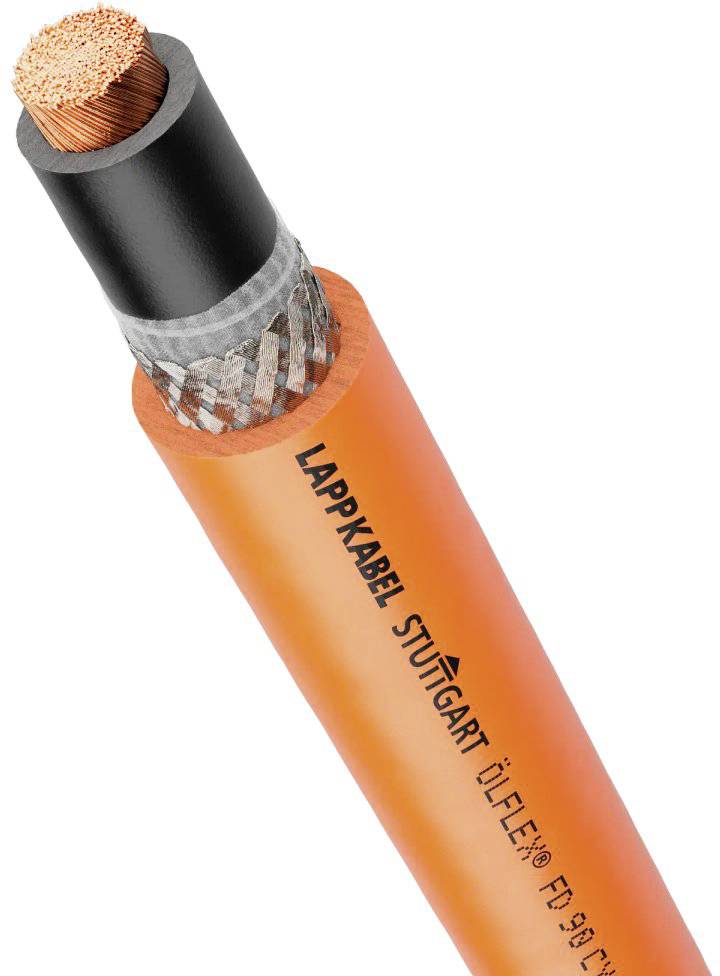 Een oranje, industrieel elektriciteitskabel met de tekst 'LAPP KABEL STUTTGART', toont een doorsnede van de koperen geleiders.