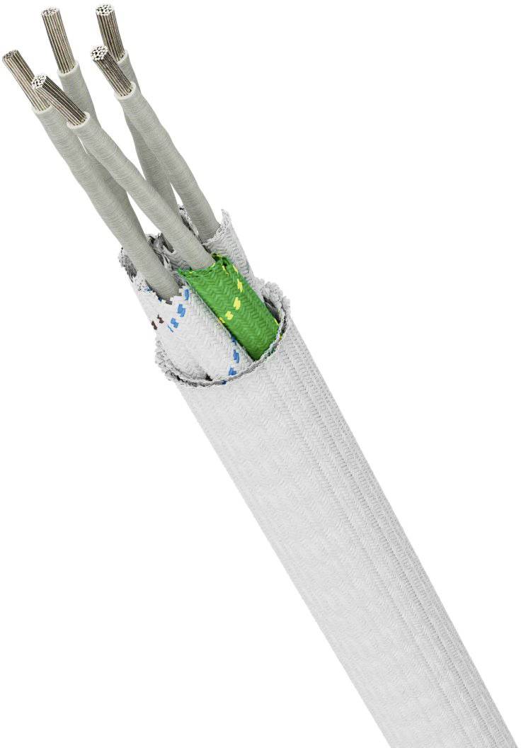 Een grijze kabel met meerdere blootliggende geleiders in verschillende kleuren die uit een geïsoleerde mantel steken.