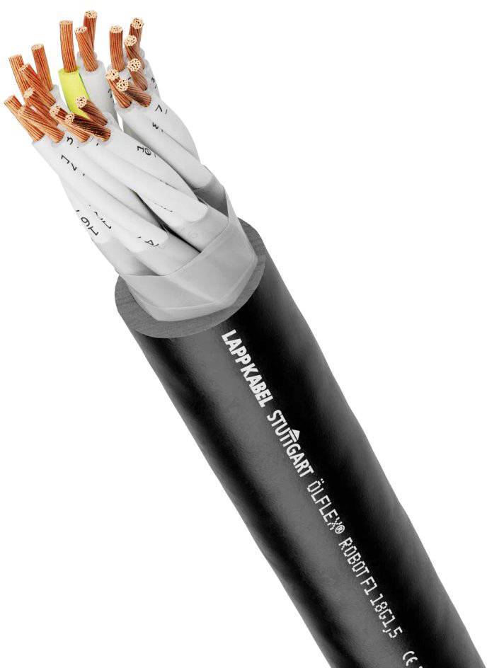 Afgebeeld is een flexibel zwart, meeraderig kabel met zichtbare koperen strengen aan één uiteinde. Op het kabel staat 'Lappkabel Stuttgart'.