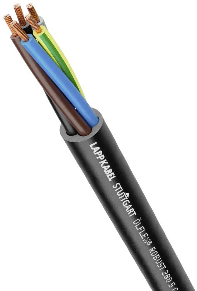 Zwart stroomkabel met meerdere geïsoleerde koperen draden, gemerkt met 'Lappkabel Stuttgart Ölflex Robust 210 S'.