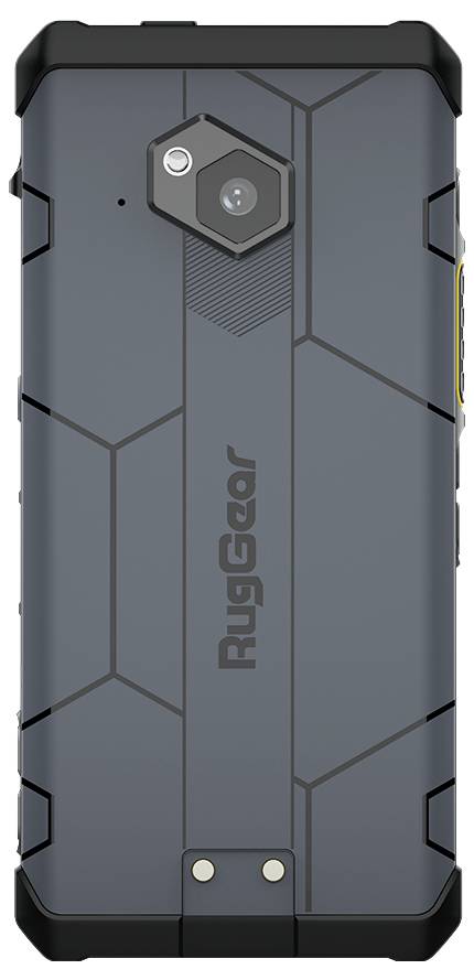 Een robuuste smartphone met een grijze achterkant, beschermbehuizing en camera bovenaan. Geschikt voor gebruik in veeleisende omgevingen.