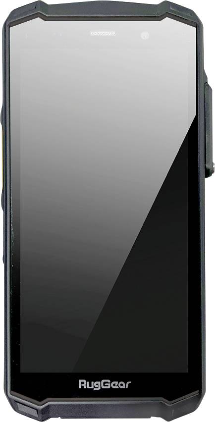 Robuuste smartphone met zwarte behuizing en groot scherm, geschikt voor buitenactiviteiten en ruwe omgevingen.