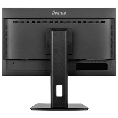 Achteraanzicht van een zwarte computerscherm op een standaard, met zichtbare bevestigingspunten en aansluitingen.