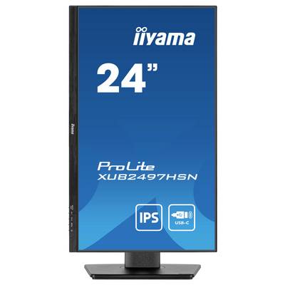Monitor Iiyama ProLite XUB2497HSN, 24 inch, blauwe achtergrondweergave met IPS- en USB-C-pictogrammen.