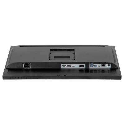 'Achterkant van een monitor met verschillende aansluitingen: stroomaansluiting, HDMI, DisplayPort en USB-poorten.'
