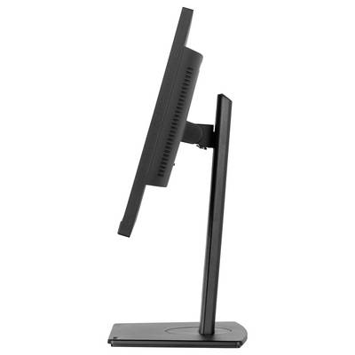 Een monitor staat rechtop op een donkere voet. Hij wordt van opzij weergegeven en heeft een strak design.