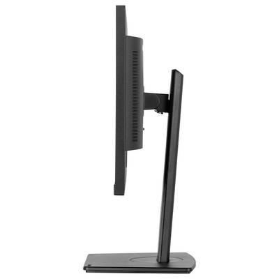 Zijaanzicht van een zwarte computermonitor op een standaard, verticaal gepositioneerd, toont een slanke vormgeving.