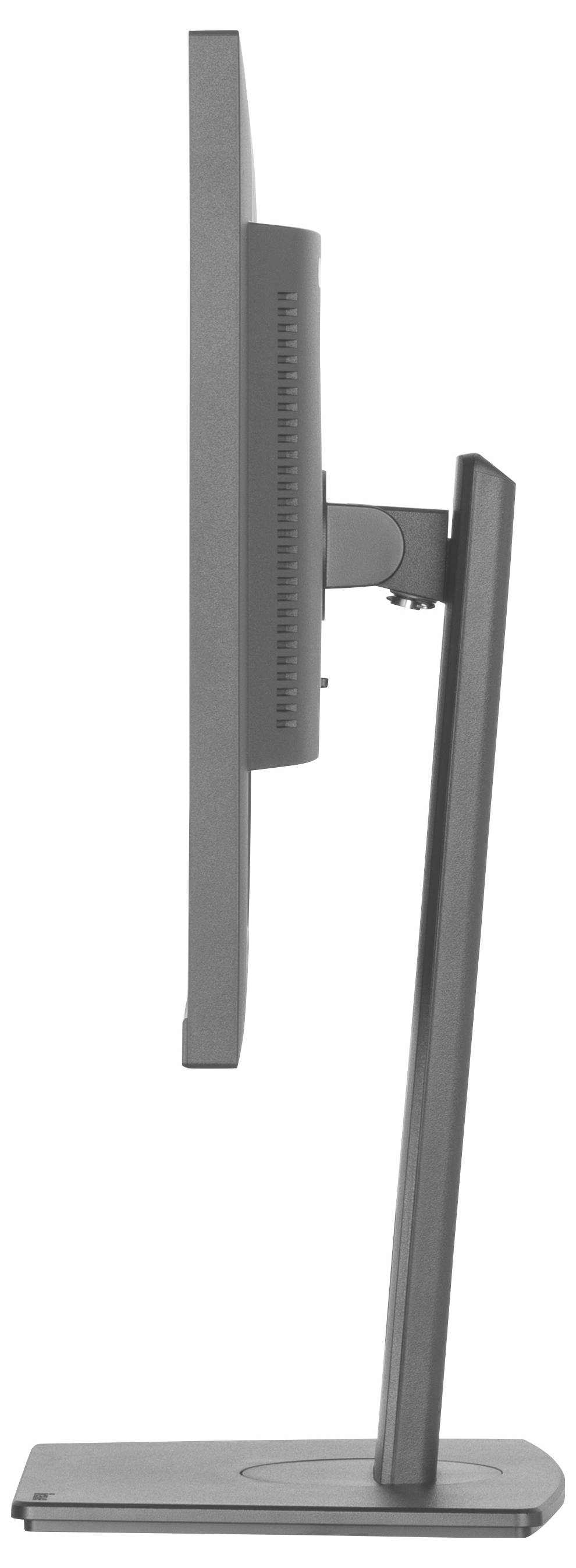 Een computer-beeldscherm dat zijdelings is gefotografeerd, geplaatst op een verstelbare standaard, die een slanke en moderne constructie laat zien.