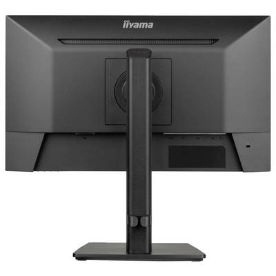 Een zwart computerscherm van achteren, gemonteerd op een verstelbare standaard. Merknaam bovenaan herkenbaar.