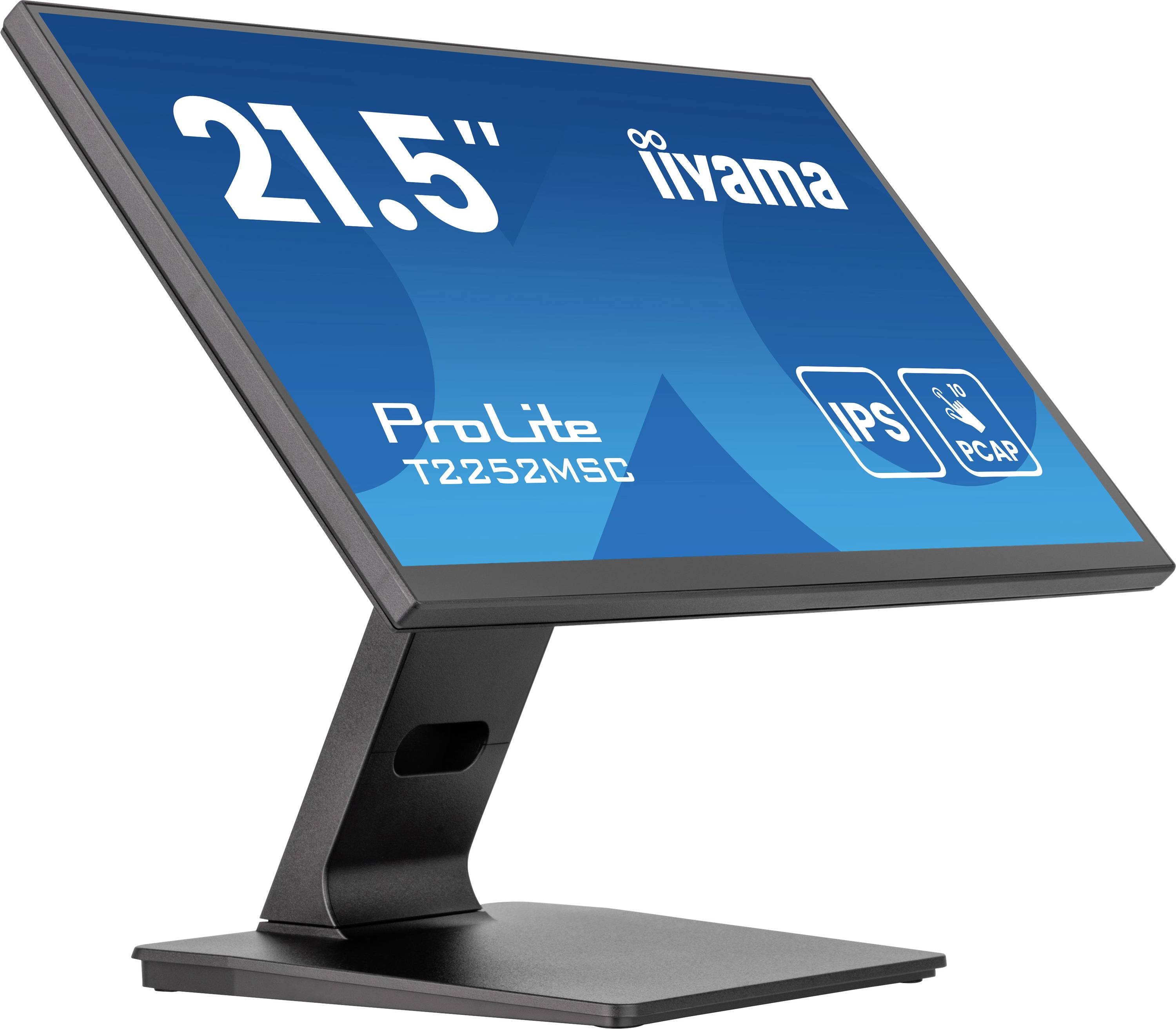 Een 21,5-inch breedbeeldmonitor van het merk Iiyama, model ProLite T2252MSC, toont informatie over IPS- en PCAP-technologie.