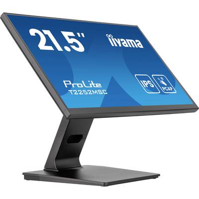 Een 21,5-inch breedbeeldmonitor van het merk Iiyama, model ProLite T2252MSC, toont informatie over IPS- en PCAP-technologie.