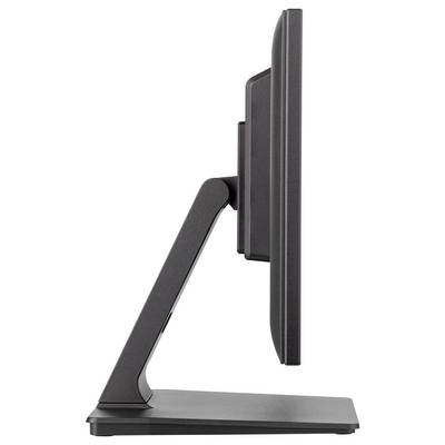 Zijaanzicht van een platte computermonitor met een slanke voet tegen een witte achtergrond.