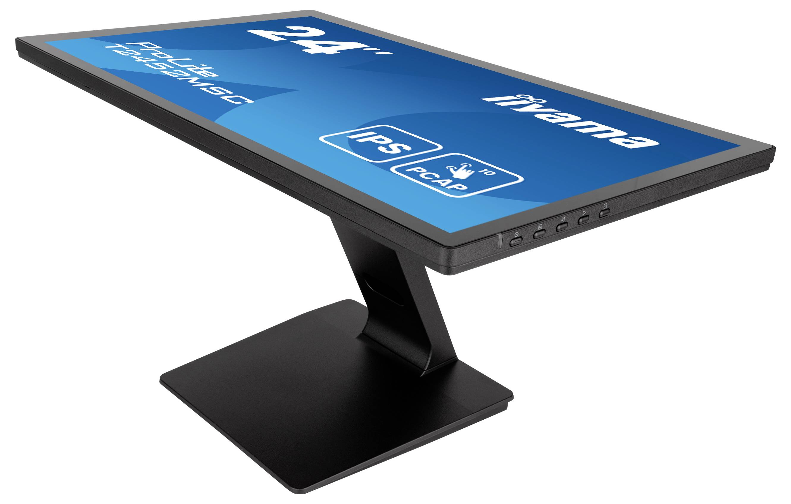 Monitor met 24-inch-scherm, staat schuin op een zwarte standaard. Details van de IPS-technologie en touchscreen-mogelijkheden zijn zichtbaar.