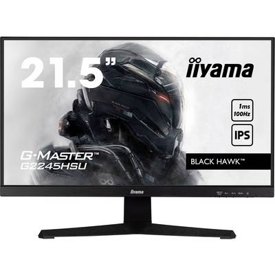 Monitor met 21,5-inch scherm. Opdruk: 'iiyama', 'G-Master G2245HSU', 'Black Hawk', '1ms 100Hz', 'IPS'. Afbeelding van een futuristische helm.
