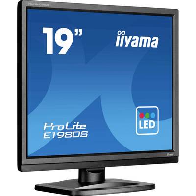 Het scherm vertoont een screensaver met de tekst '19" ProLite E1980S' en het iiyama-logo. LED-technologie wordt benadrukt.