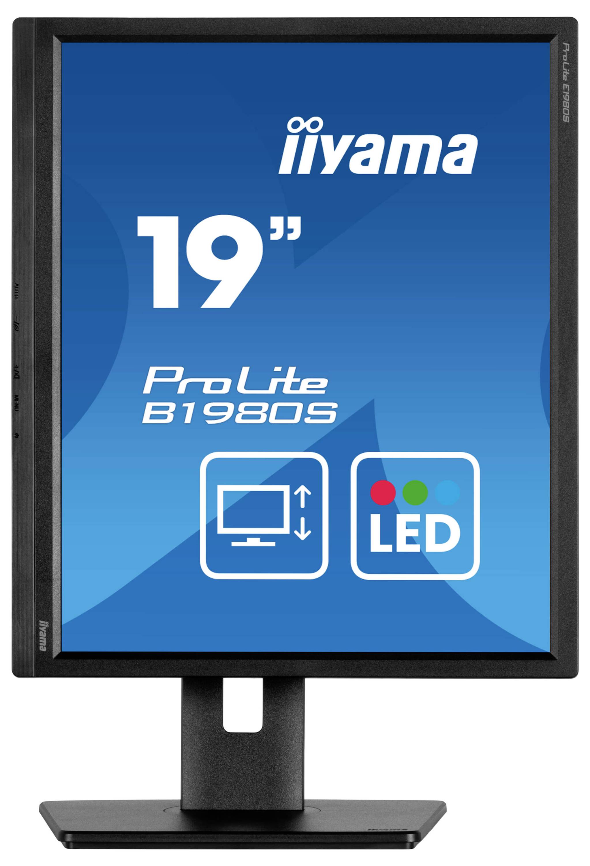 Monitor van 19 inch, staand, merk 'iiyama', model 'ProLite B1980S', LED-display, pictogrammen voor beeldschermaanpassing zichtbaar.