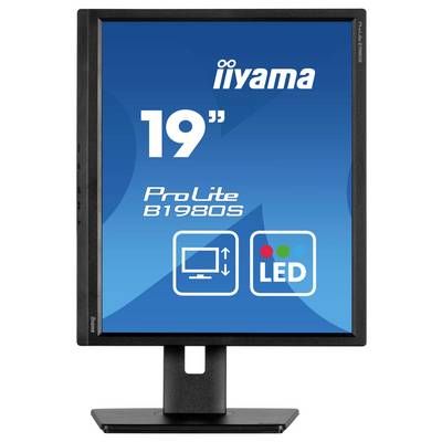 Monitor van 19 inch, staand, merk 'iiyama', model 'ProLite B1980S', LED-display, pictogrammen voor beeldschermaanpassing zichtbaar.