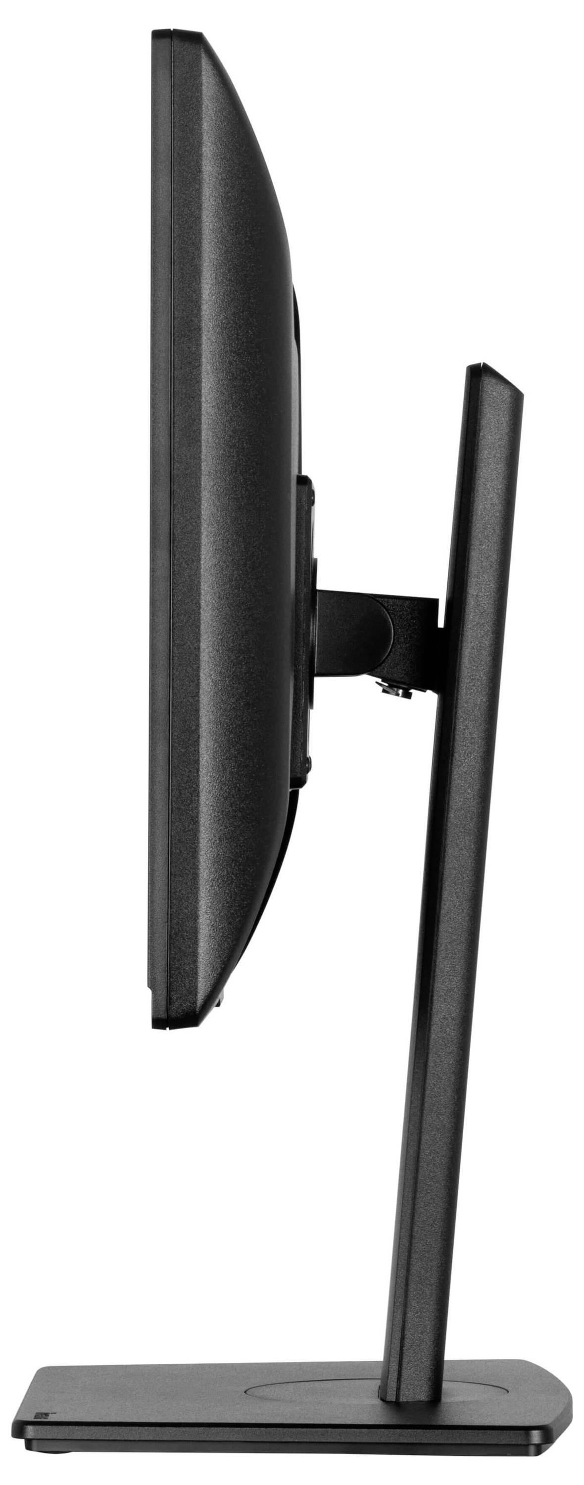 Zijaanzicht van een platte computerscherm op een standaard. Het scherm is dun en modern vormgegeven.