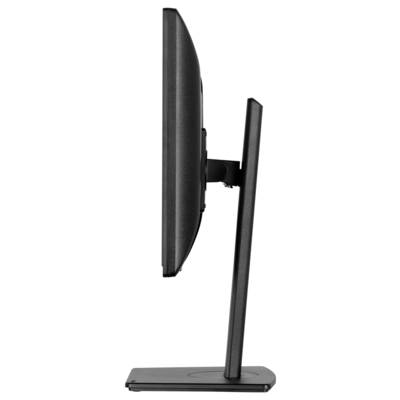 Zijaanzicht van een platte computerscherm op een standaard. Het scherm is dun en modern vormgegeven.