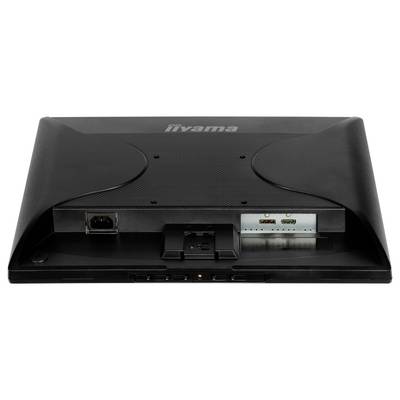 Achterkant van een computerbeeldscherm met verschillende aansluitingen, waaronder HDMI- en netwerkaansluitingen.