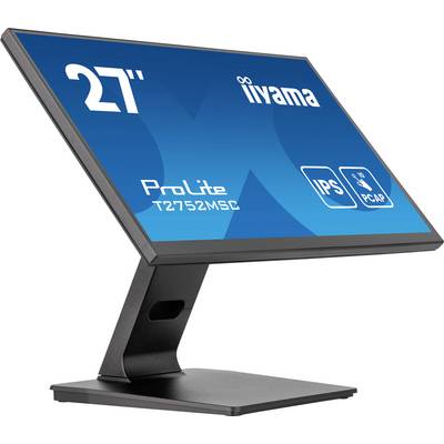 Een 27-inch-monitor van iiyama, model ProLite T2752MSC met IPS- en PCAP-technologie, gezien van opzij op een standaard.