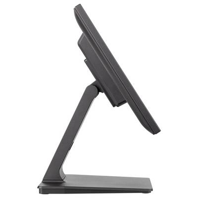 Zijaanzicht van een zwarte computermonitor met een verstelbare voet, ontworpen in een moderne en minimalistische stijl.