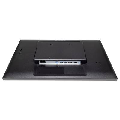 De achterkant van een monitor toont verschillende aansluitingen: stroom, USB, HDMI en DisplayPort. Bovenaan bevindt zich een bevestigingsbeugel.