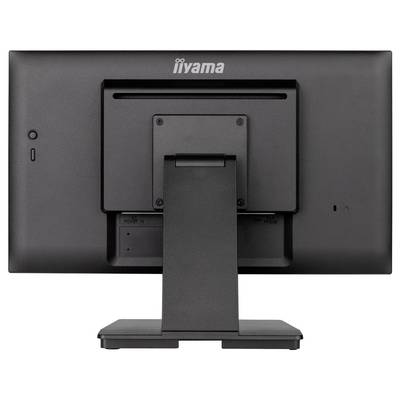 Een zwarte computermonitor staat op een tafel. Het scherm is van achteren te zien, met een stevige standaard in het midden.