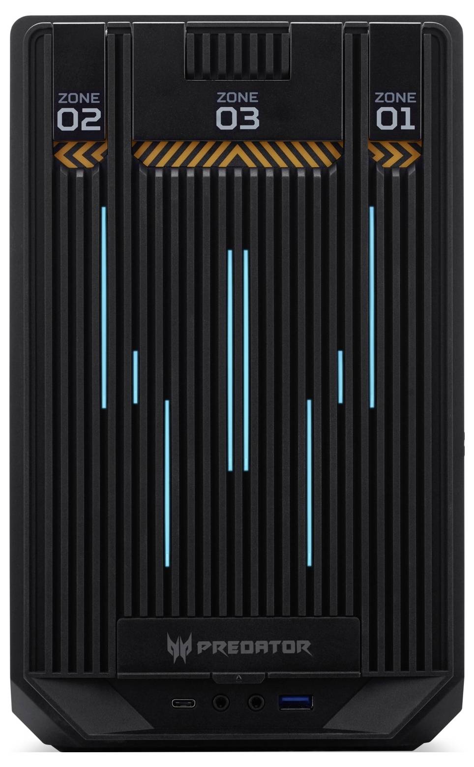 Zwarte gaming-pc-behuizing met blauwe led-strips en oranje accenten, merklogo 'Predator' onderaan zichtbaar.