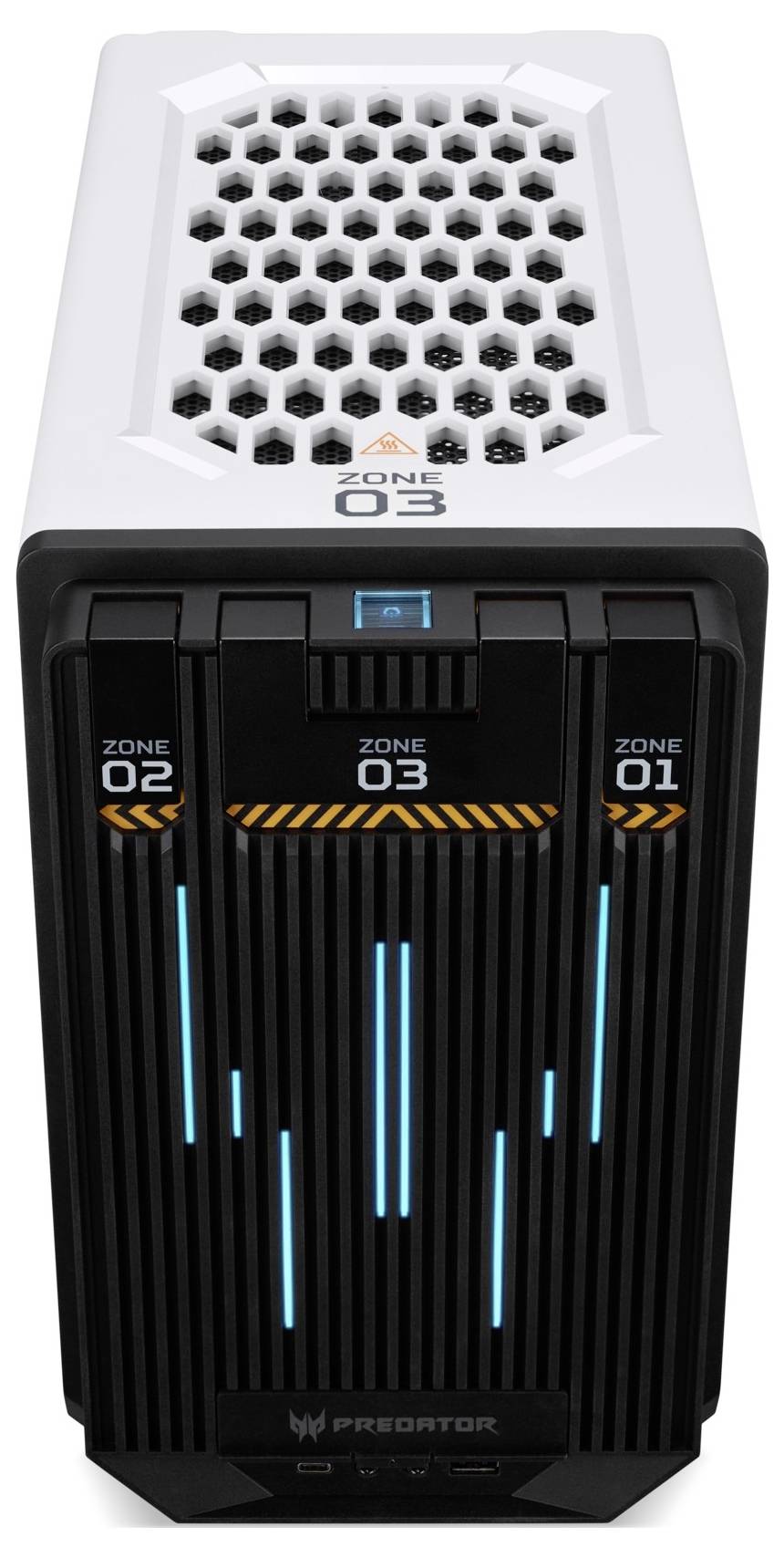 Zwarte en witte gaming-pc-toren met blauwe LED-verlichting. Aan de voorkant staat 'PREDATOR'. Het voorpaneel toont zoneaanduidingen.
