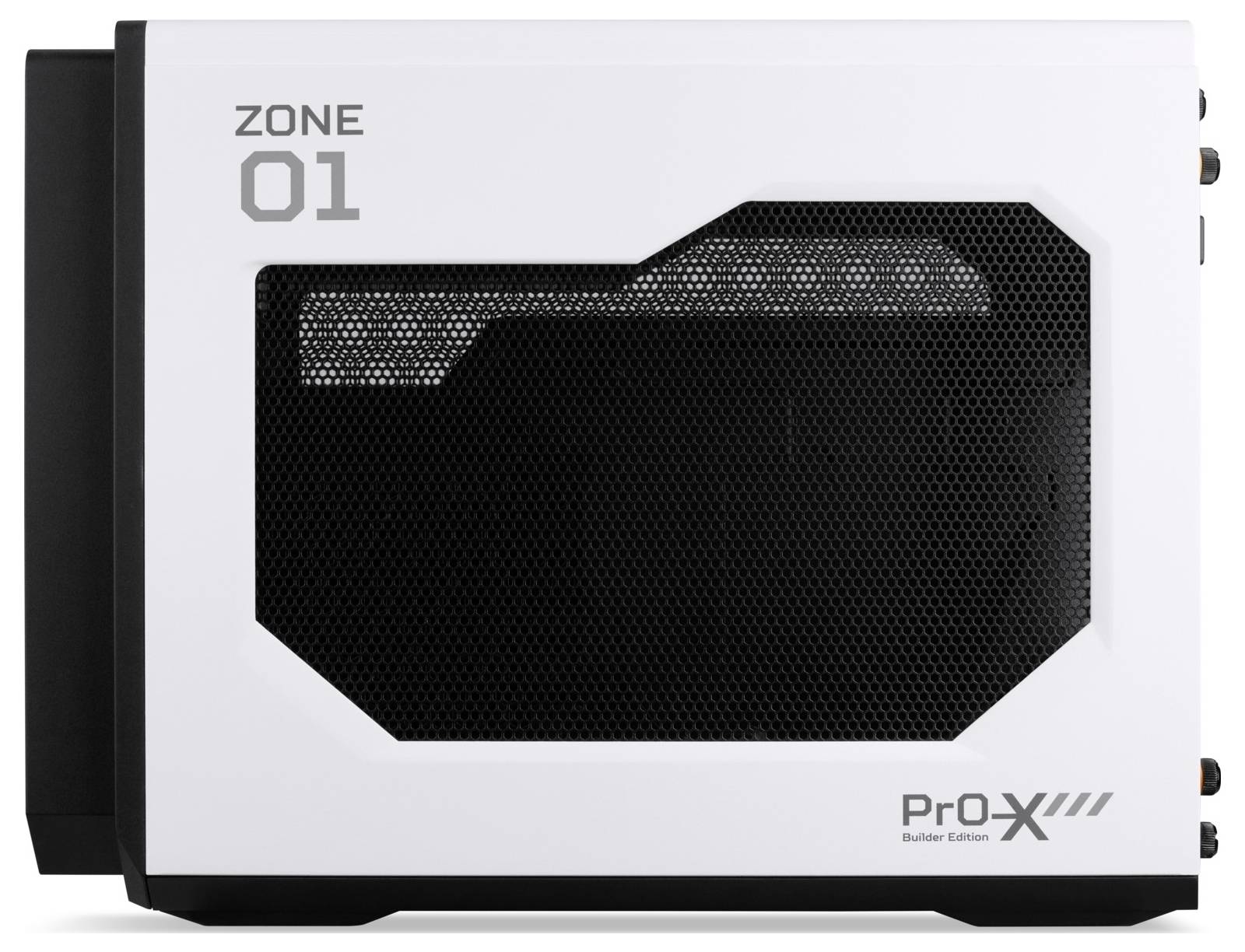 Wit rechthoekig computerbehuizing met rasternetdetails. Opschrift 'ZONE 01' linksboven en 'Pro-X' rechtsonder.