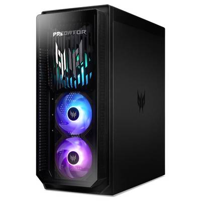 Gaming-PC met verlichte ventilators en het 'Predator' logo op de voorkant, zwarte behuizing.