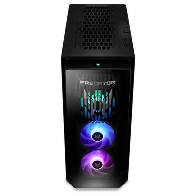 Een zwarte gaming-pc-toren met oplichtende RGB-ventilatoren en de tekst 'PREDATOR' op de voorkant.