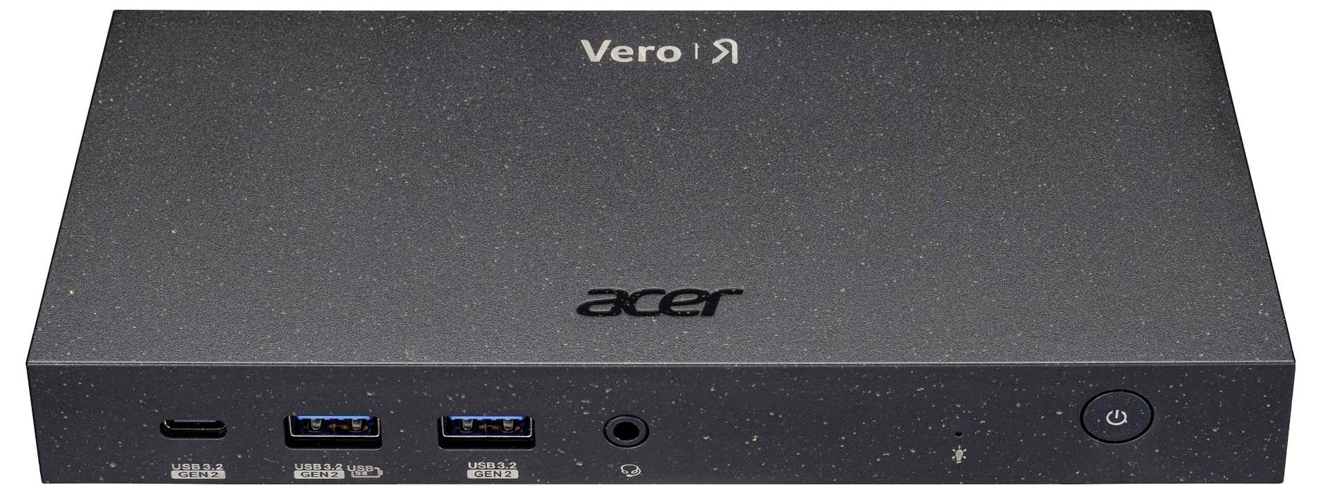 Een rechthoekig, zwart elektronisch apparaat met 'Acer' en 'Vero' opschrift, met meerdere USB-poorten aan de voorkant en een netvoedingsschakelaar.