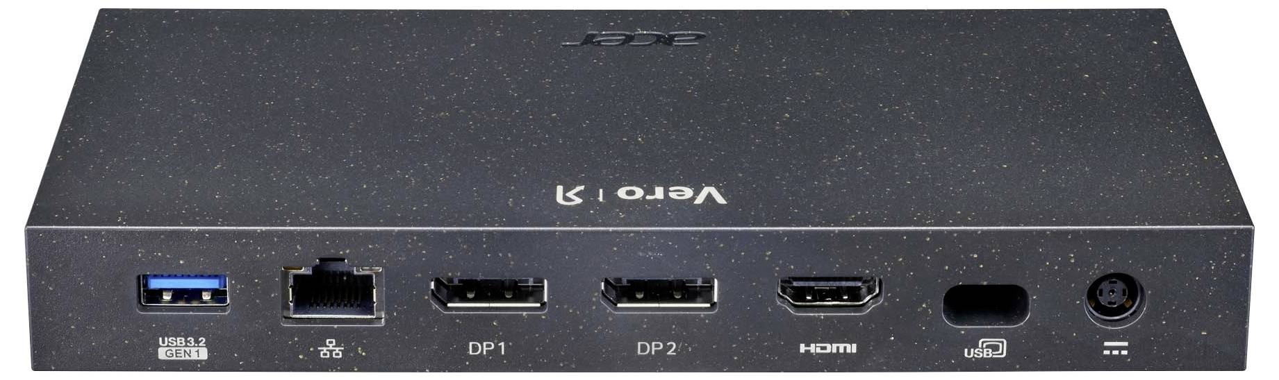 Een zwarte dockingstation met USB-aansluiting, Ethernet-poort, twee DisplayPorts, HDMI-aansluiting, audio-ingang en stroomaansluiting.